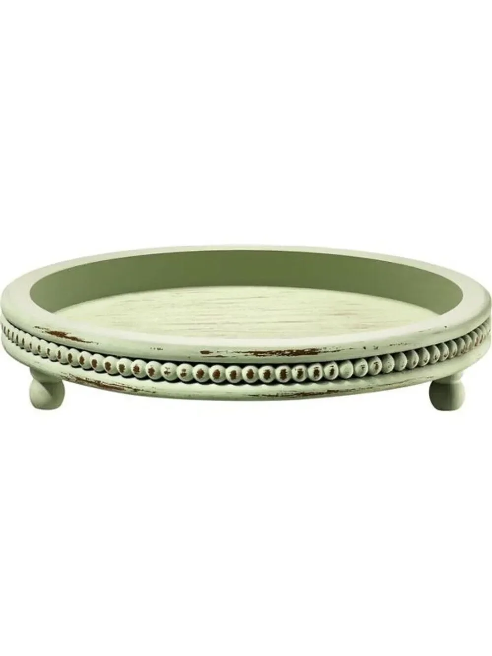 Wooden Beaded Round Tray Decorative Coffee Table Centerpiece Sage Farmhouse